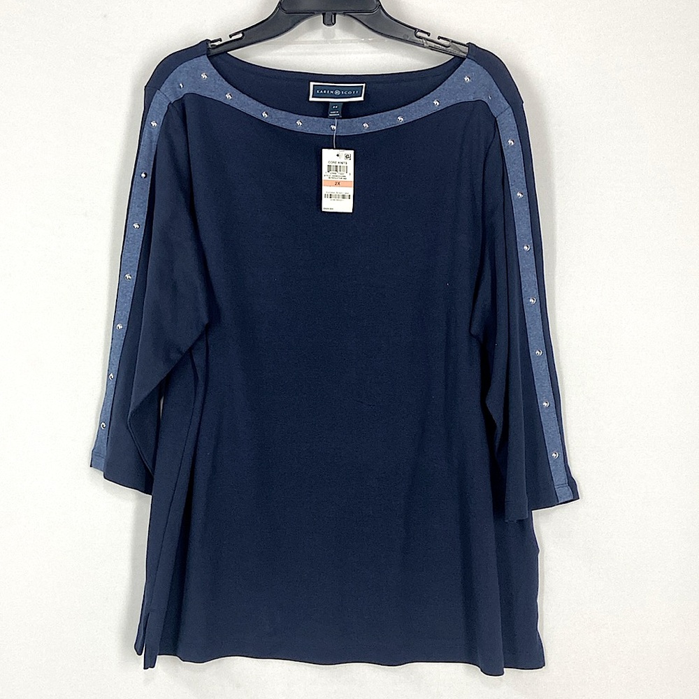Karen Scott Womens Plus 2X Navy Studded 3/4 Sleeve Boat Neck Cotton Top NWT